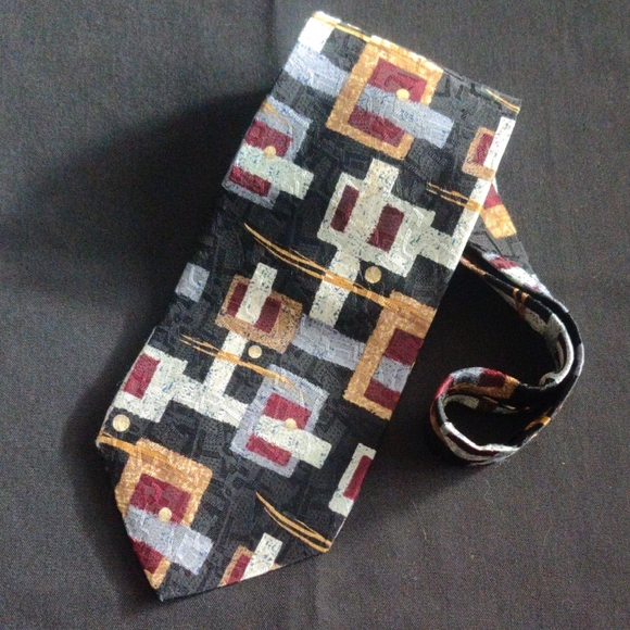 Vintage Johnston & Murphy Abstract Pattern Tie - Black, Gray, Red, Gold 100%silk - Picture 1 of 6